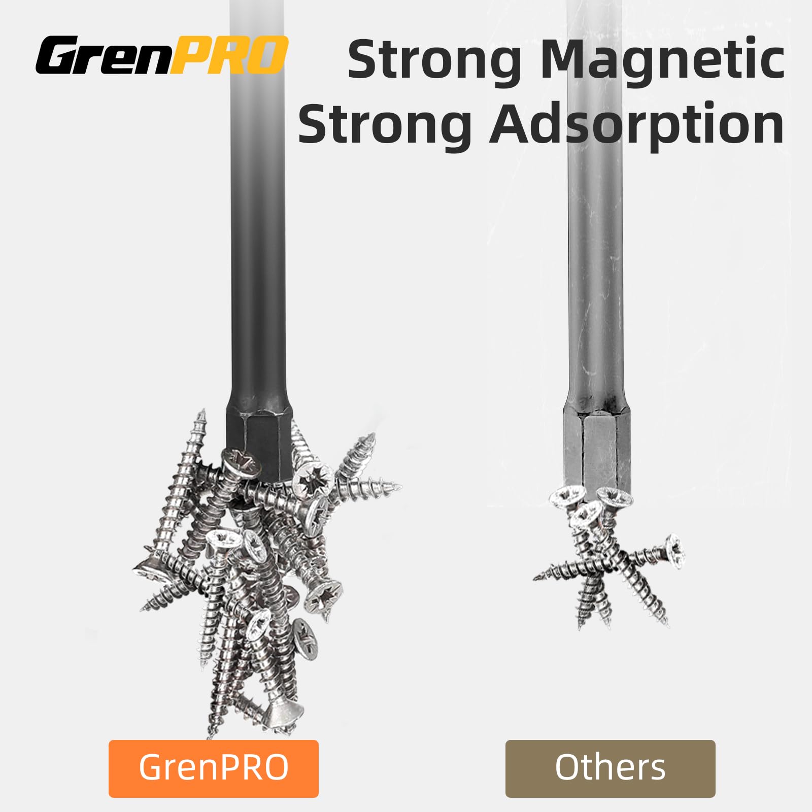 GrenPRO impact driver bits with strong magnets for easy screw pickup.