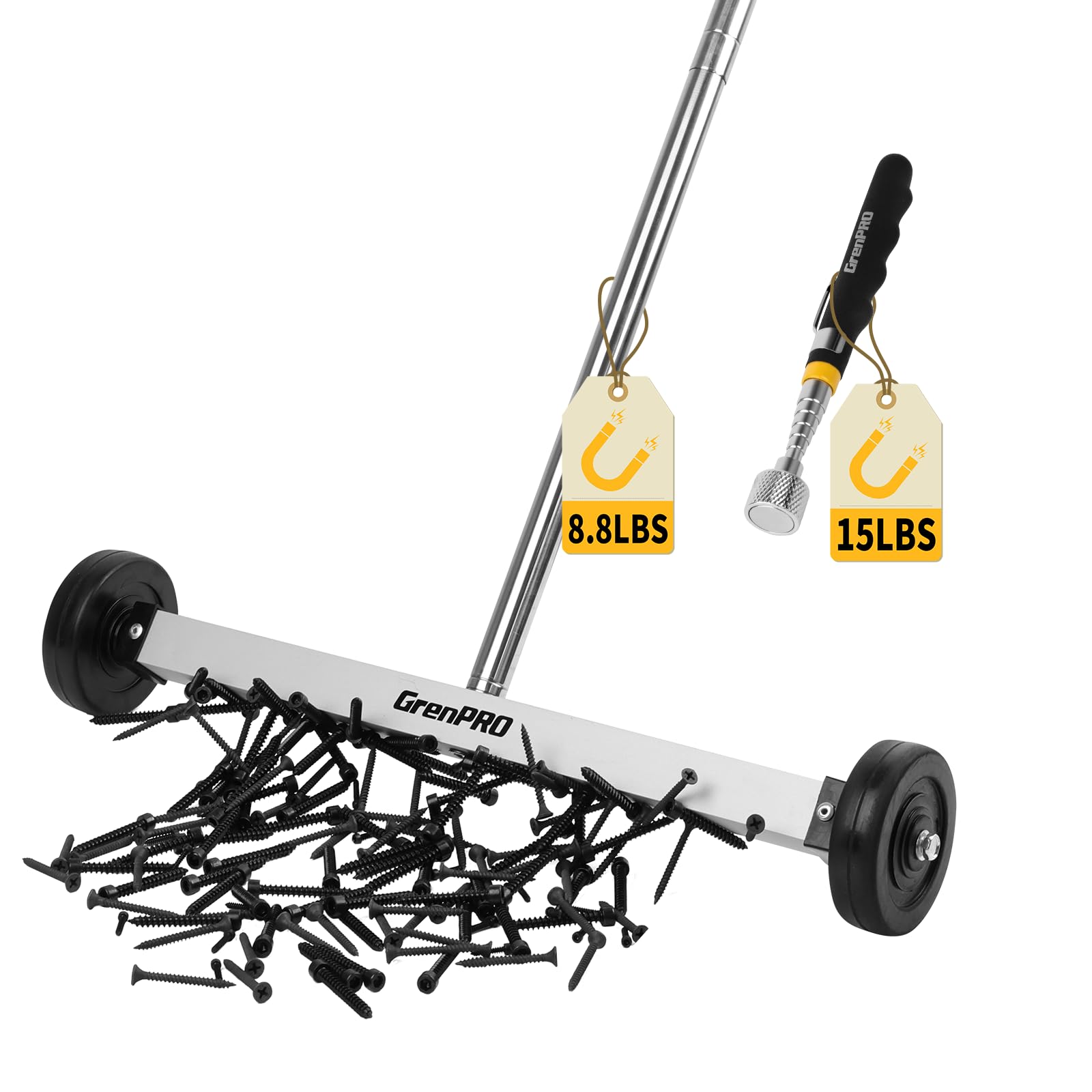Grenpro magnetic sweeper nail roller captures nails for safer workshop floors.