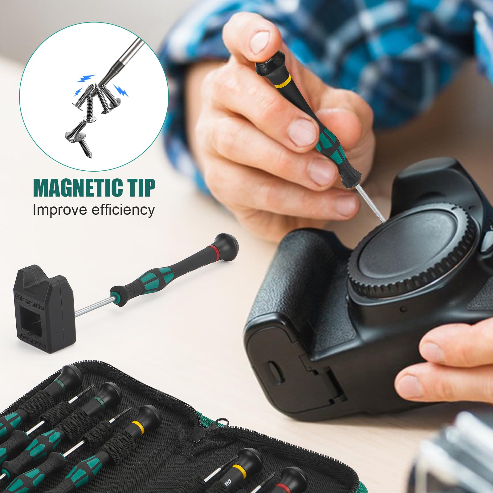 Magnetic tips hold a tiny screw in place during repair