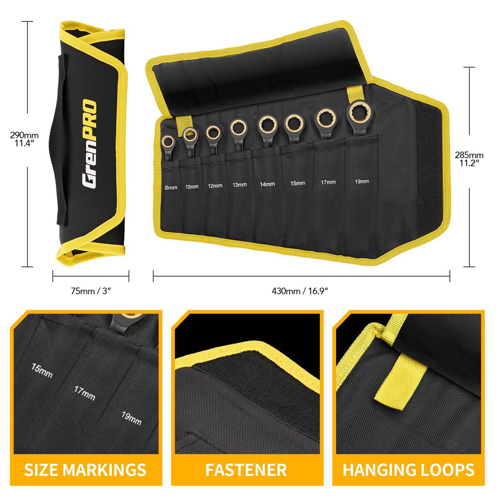 Grenpro open-end wrenches stored in a hanging bag for easy access