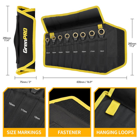 Grenpro open-end wrenches stored in a hanging bag for easy access