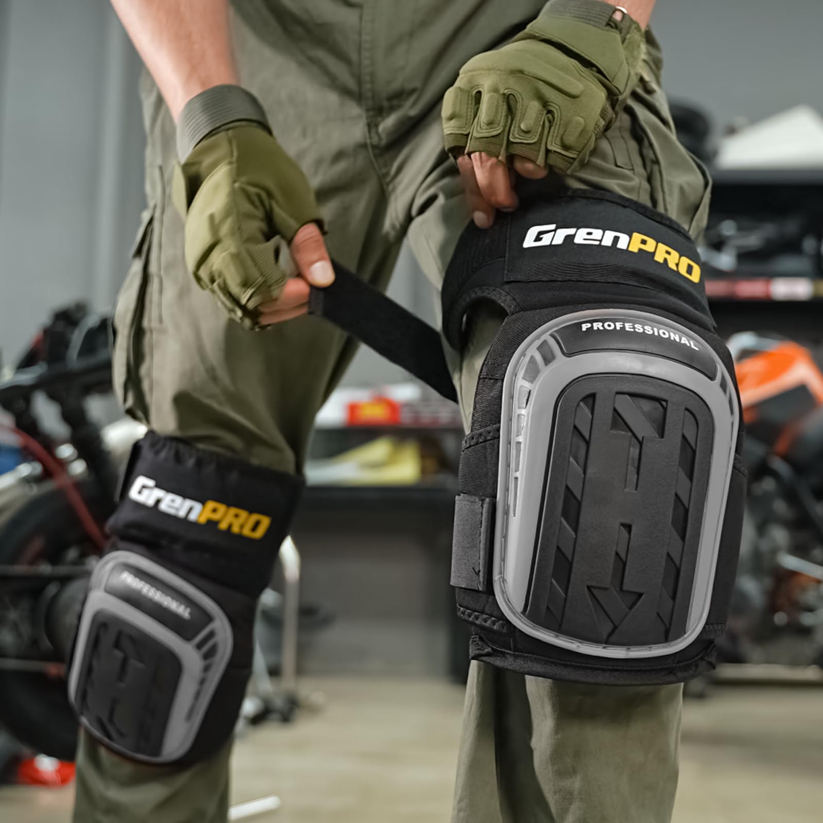 GRENPRO knee pad with soft-gel-core supports the patellar area during heavy work.