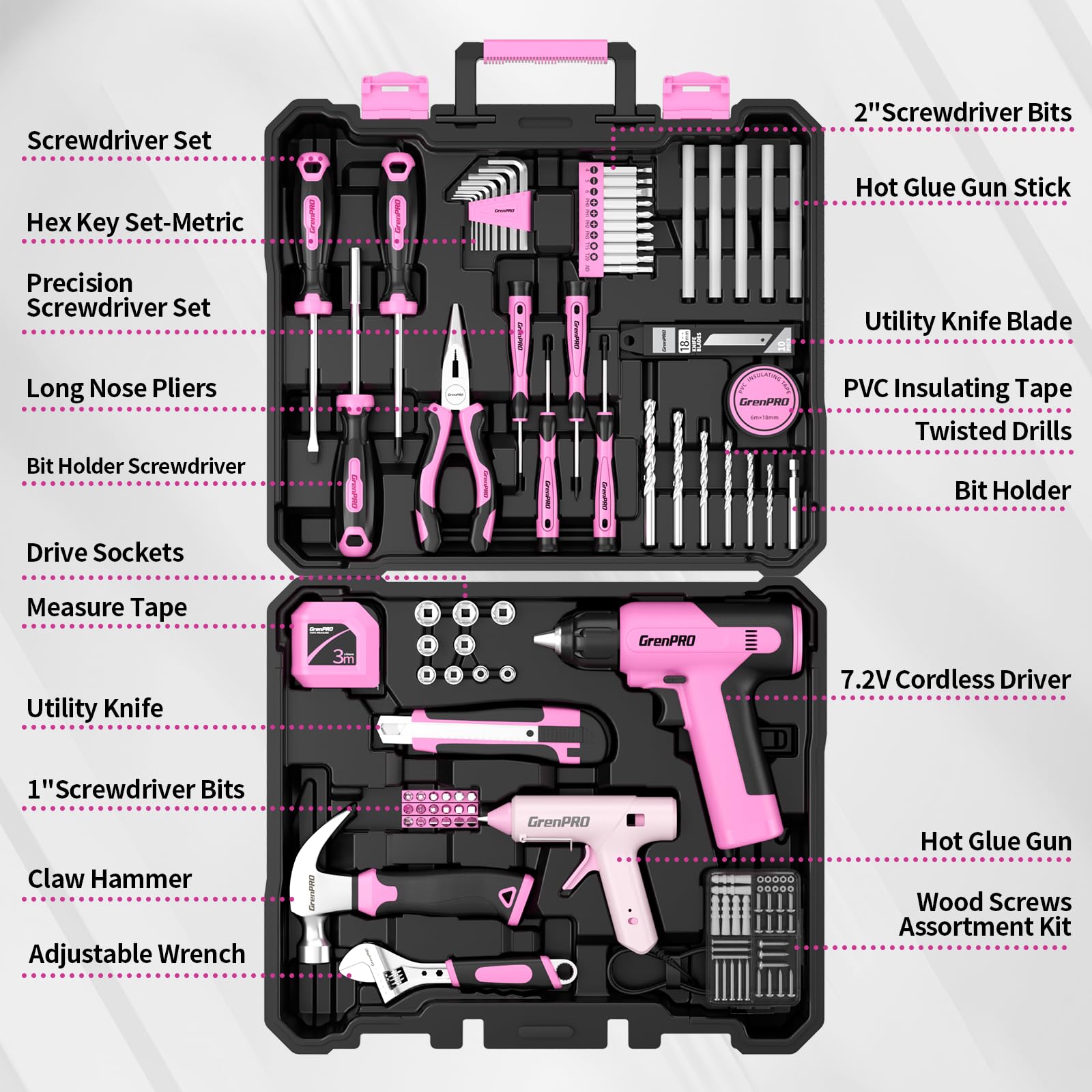 GRENPRO pink cordless drill with LED light for tight spaces.