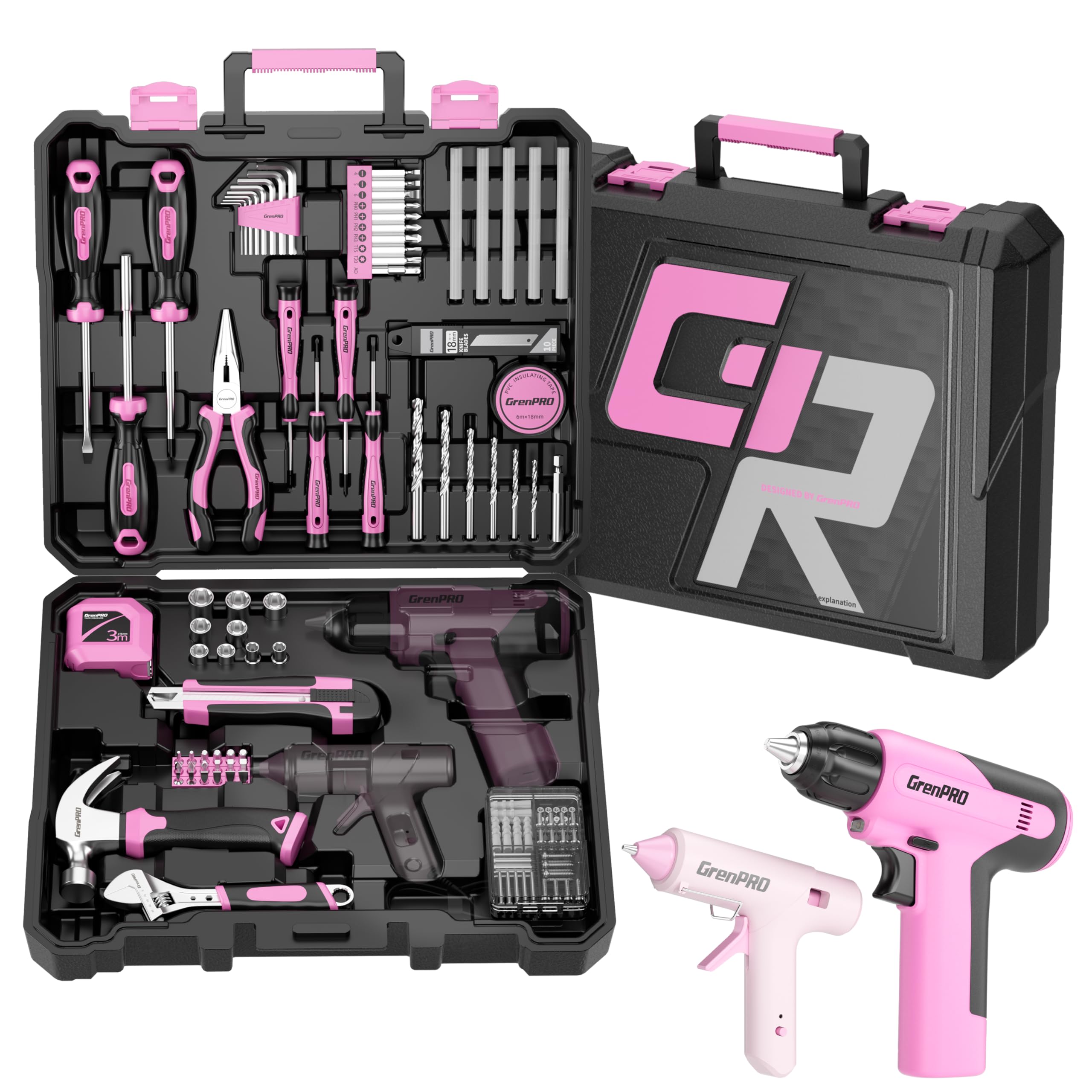 GRENPRO pink tool set 188-piece neatly organized for home DIY projects.