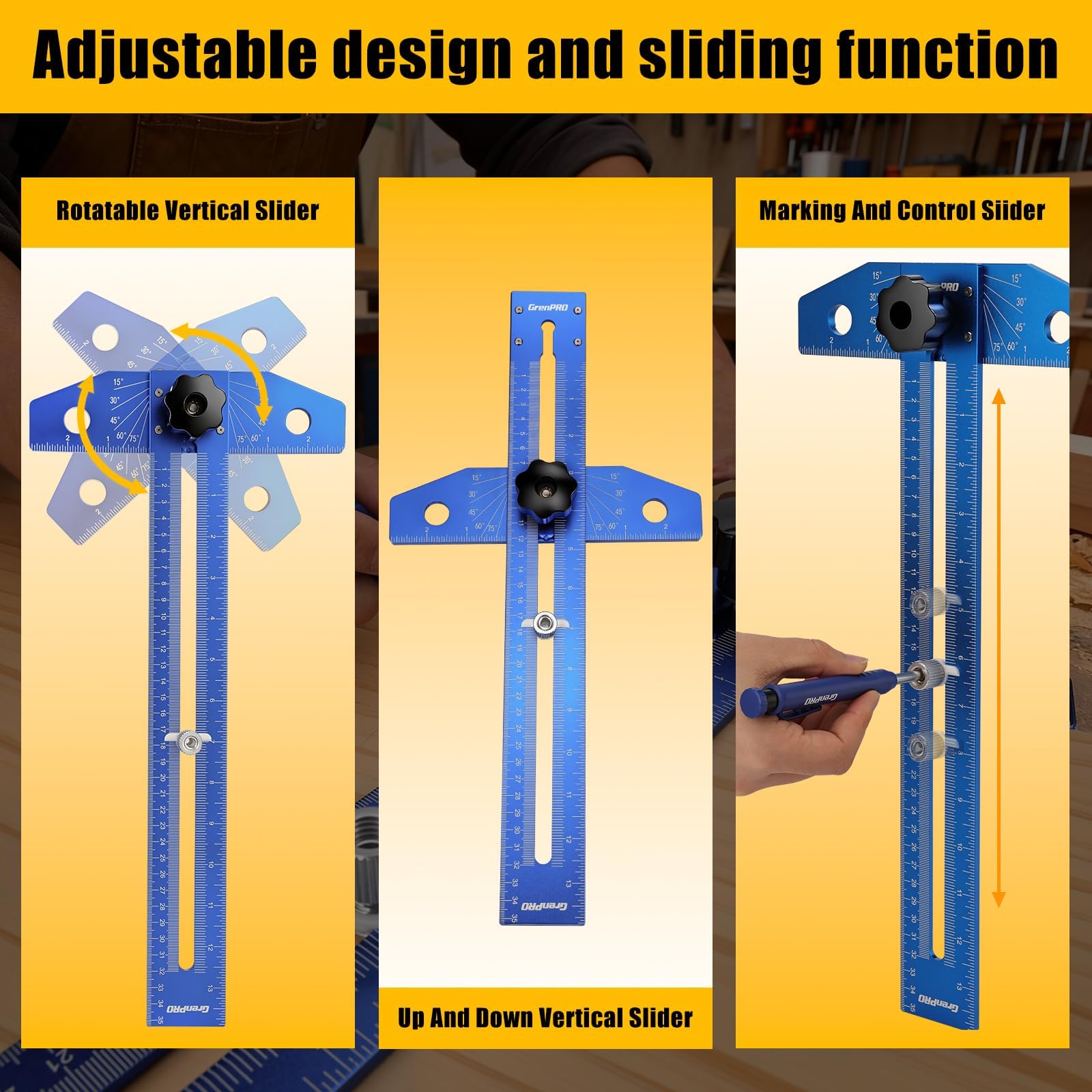 GRENPRO radial/bevel marking aids complex angle layouts.