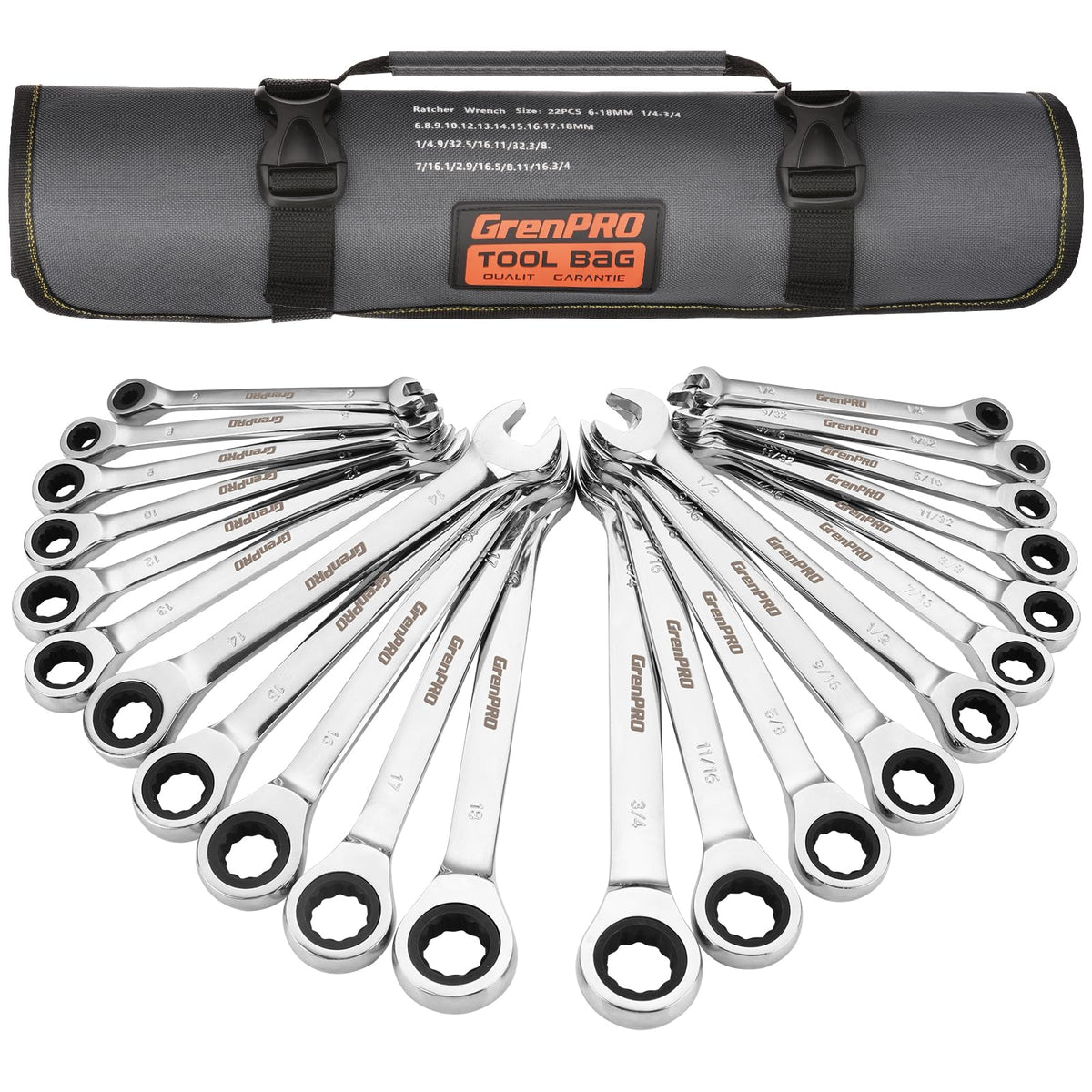 GrenPRO ratcheting wrench set with 72-teeth gear for smooth turning