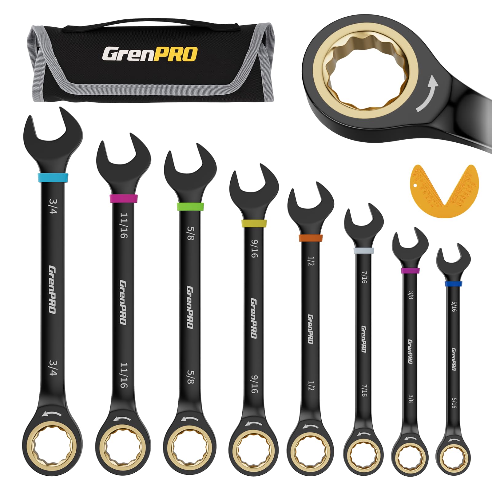 GRENPRO ratcheting wrench set with 72-tooth mechanism for precise turning in tight spaces.