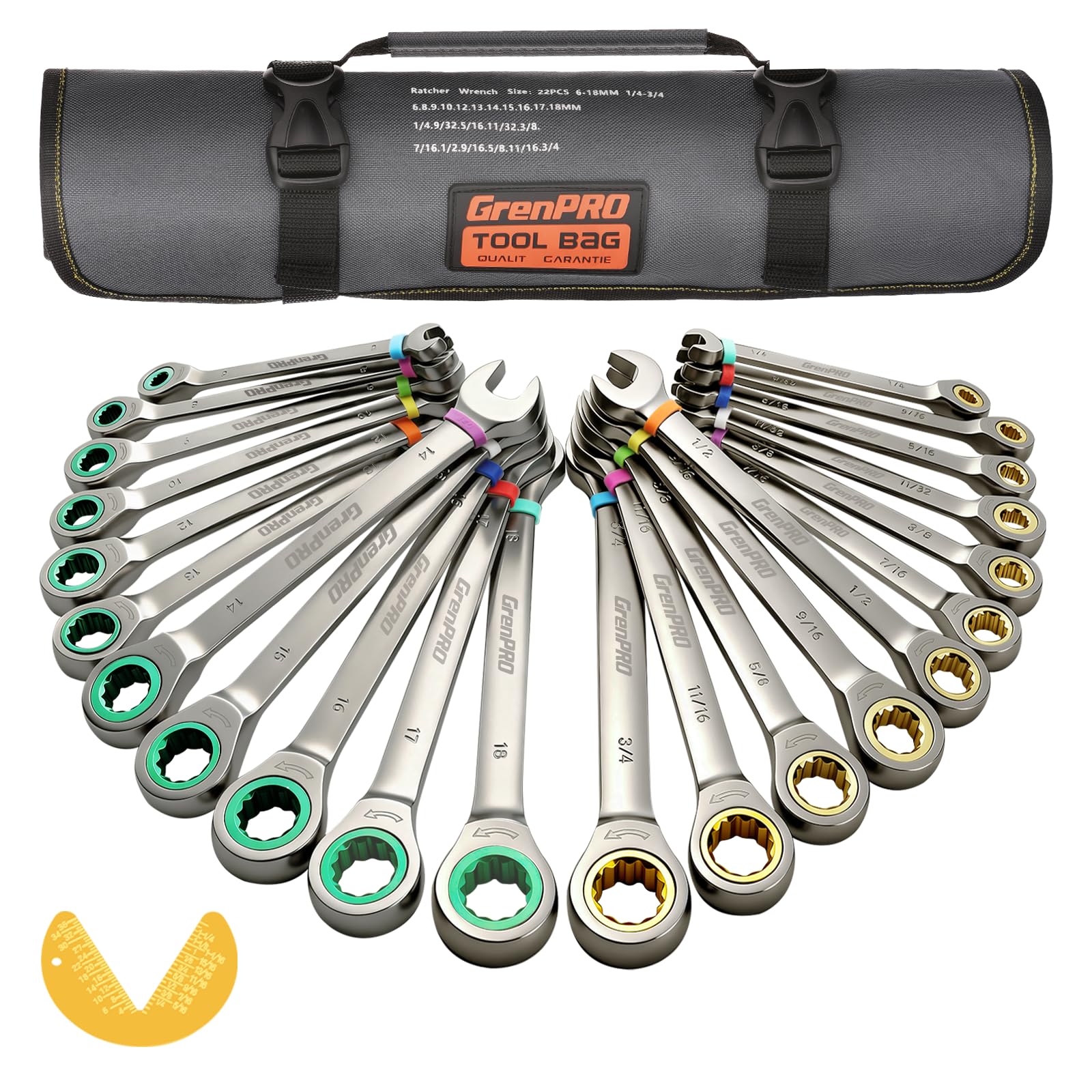GRENPRO ratcheting wrench set with 72-tooth mechanism for precise turns in tight spaces.