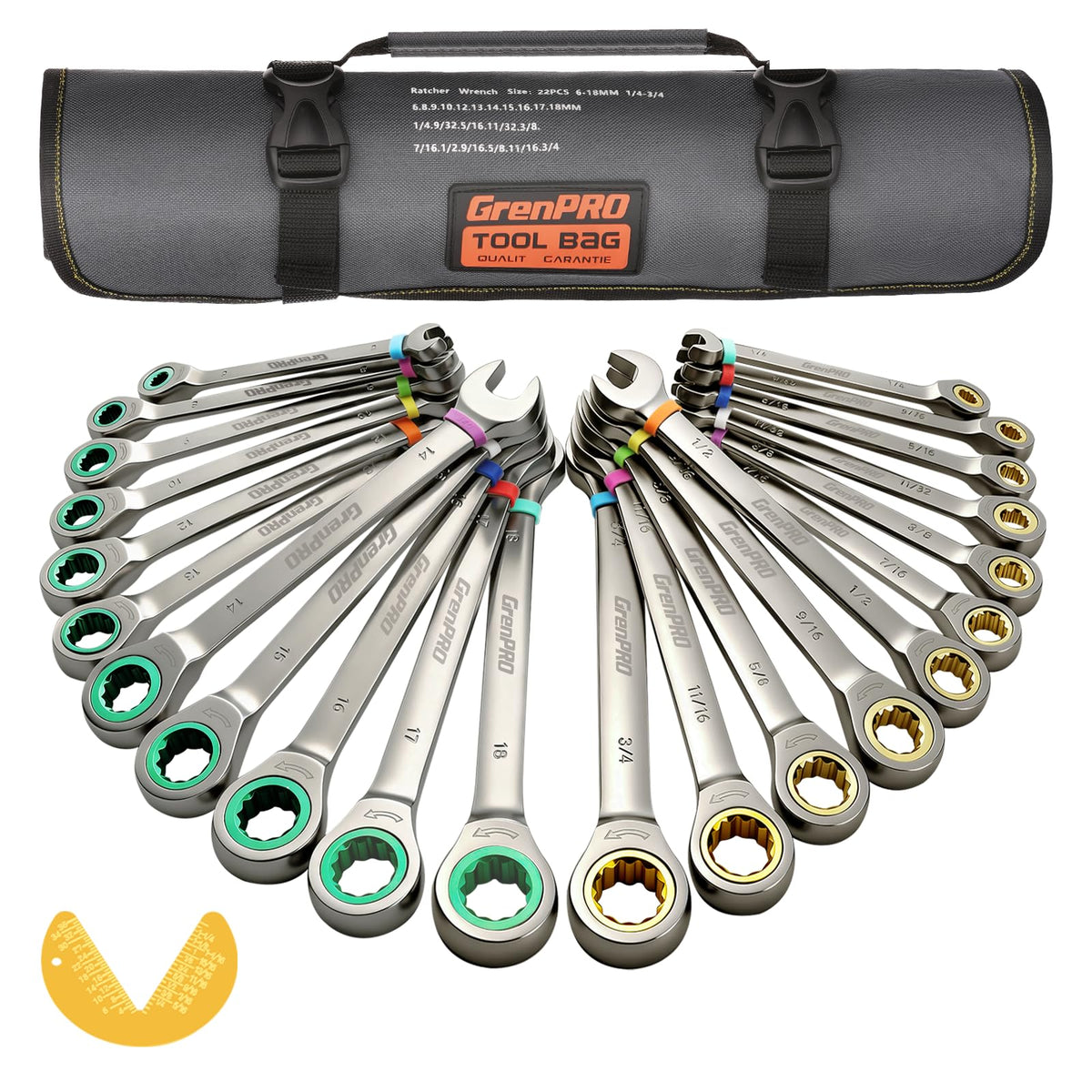 GRENPRO ratcheting wrench set with 72-tooth mechanism for precise turns in tight spaces.