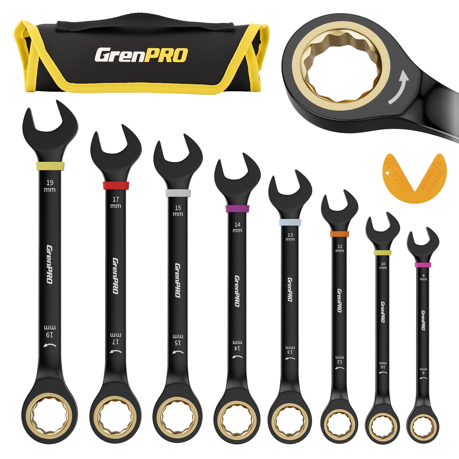 Grenpro ratcheting wrench set 8–19 mm laid out for quick size recognition
