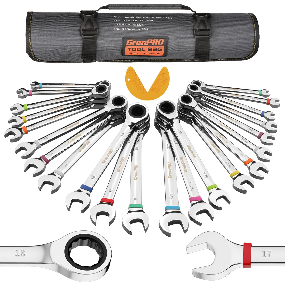 GrenPRO ratcheting wrench set with roll-up pouch for organized roadside repairs