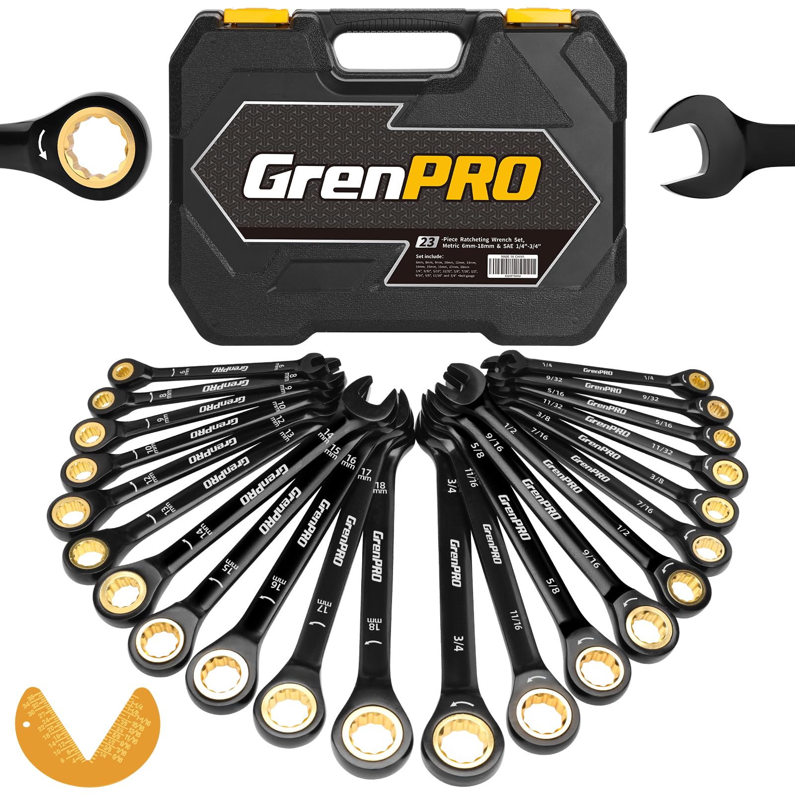 GRENPRO ratcheting wrenches organized in a labeled organizer case for quick selection.