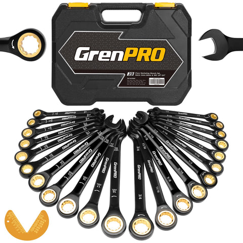 GRENPRO ratcheting wrenches organized in a labeled organizer case for quick selection.