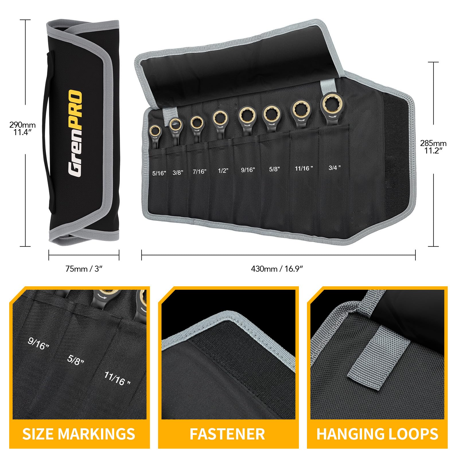 GRENPRO SAE nine-sixteenth-inch wrench for tight spaces.