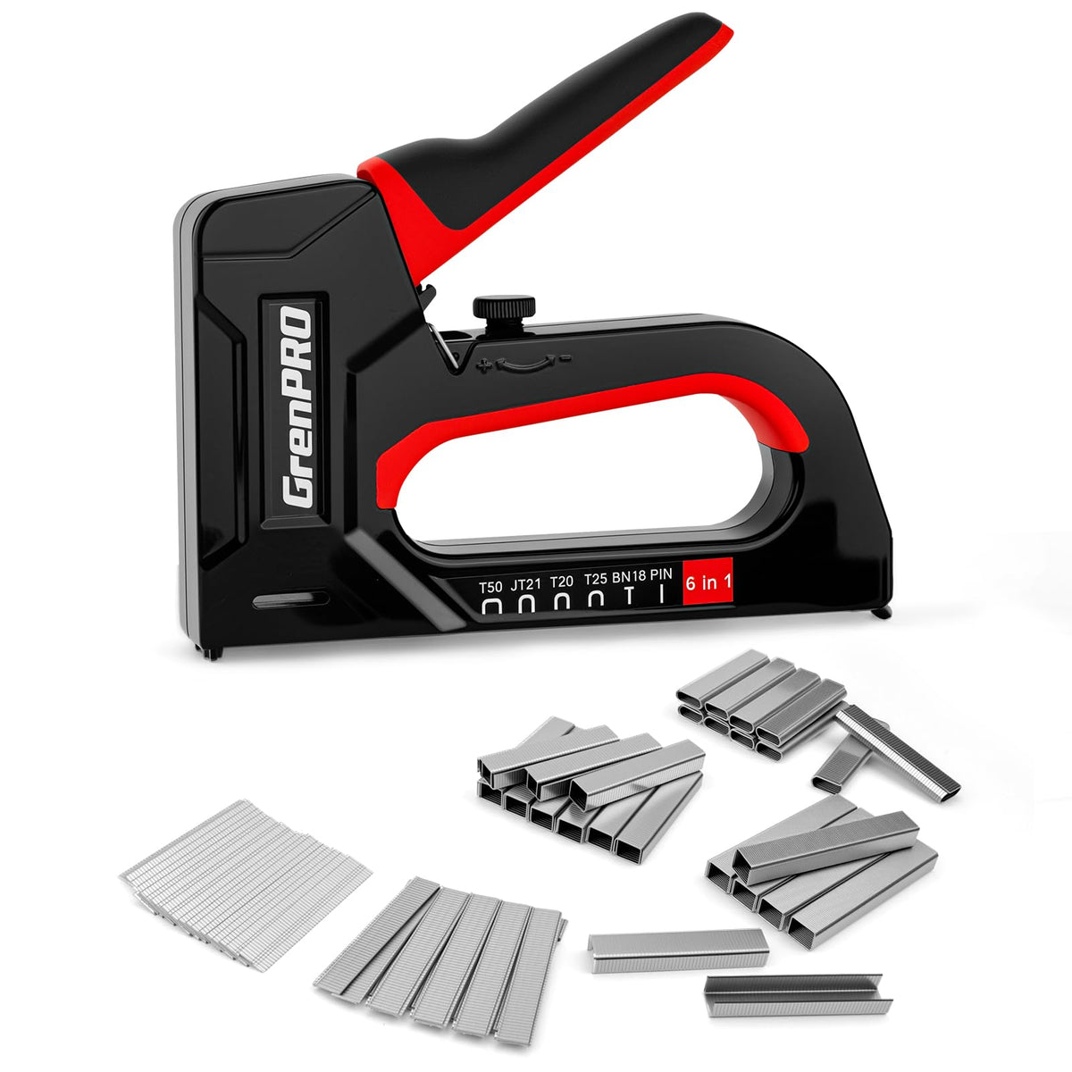 GRENPRO 6-in-1 staple gun main view shows versatile use for wood and upholstery projects