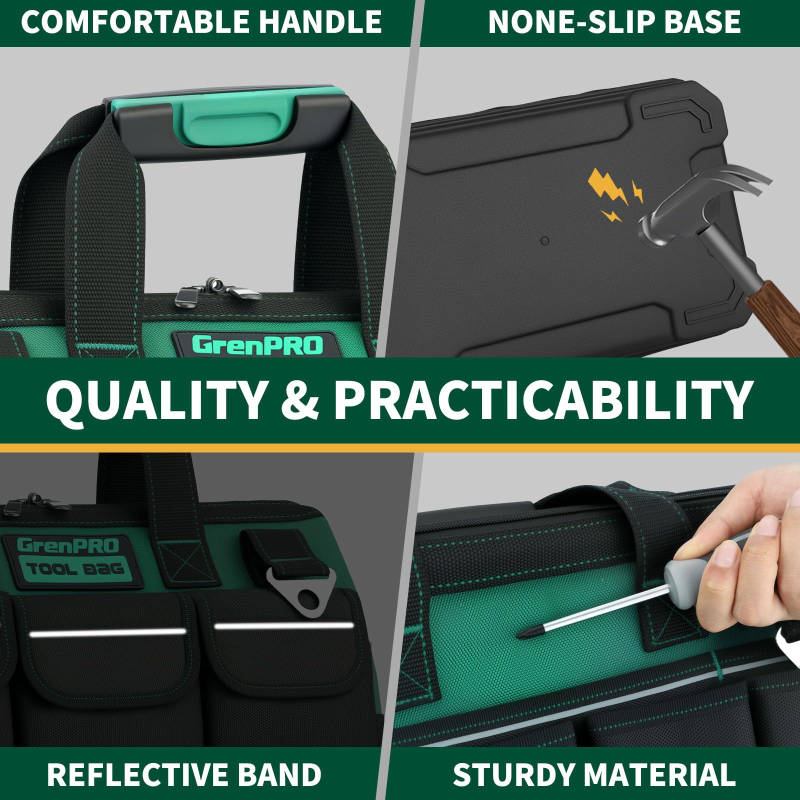 GRENPRO Tool Bag 1680D Oxford fabric delivers rugged durability.