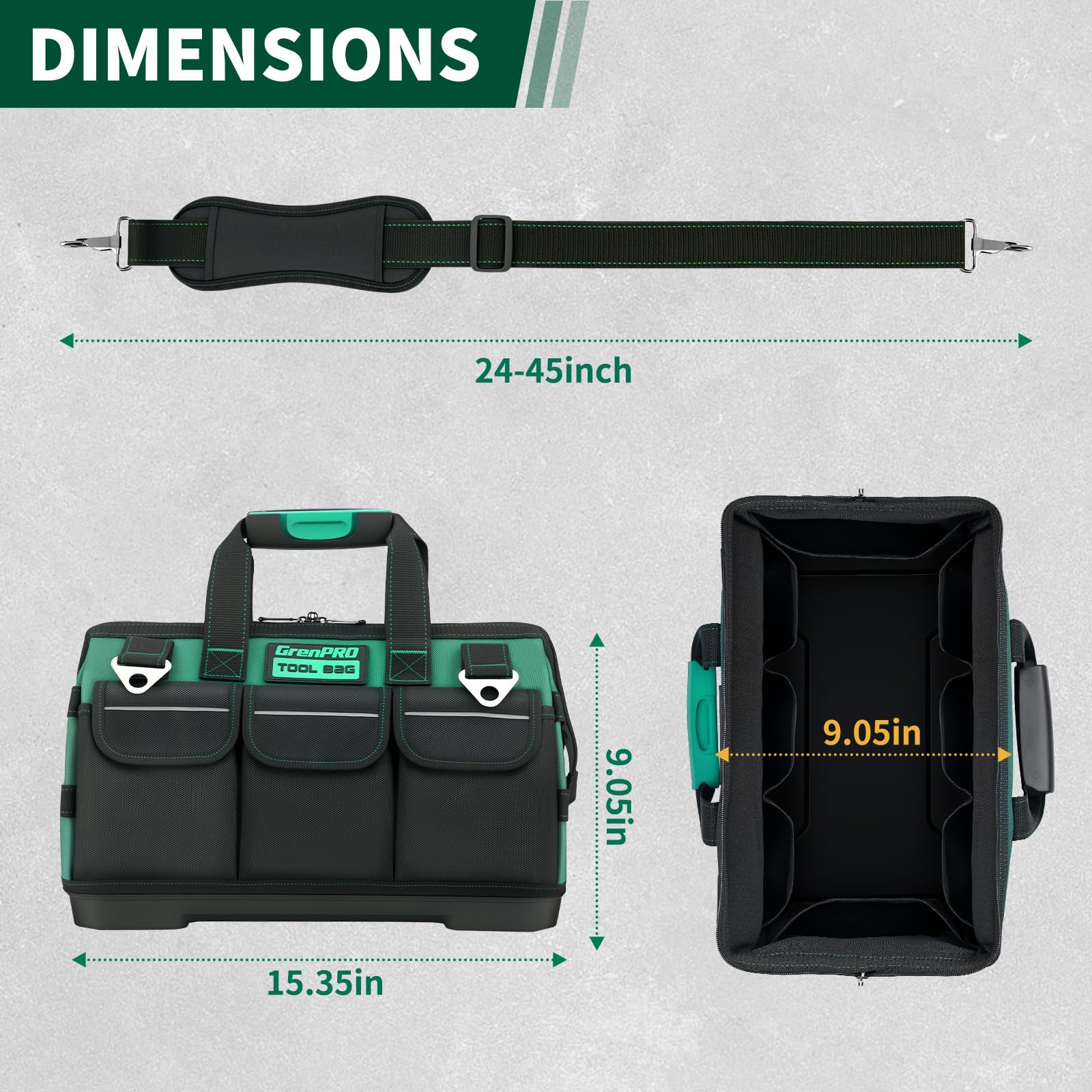 GRENPRO Tool Bag interior and exterior pockets organize tools for quick access.