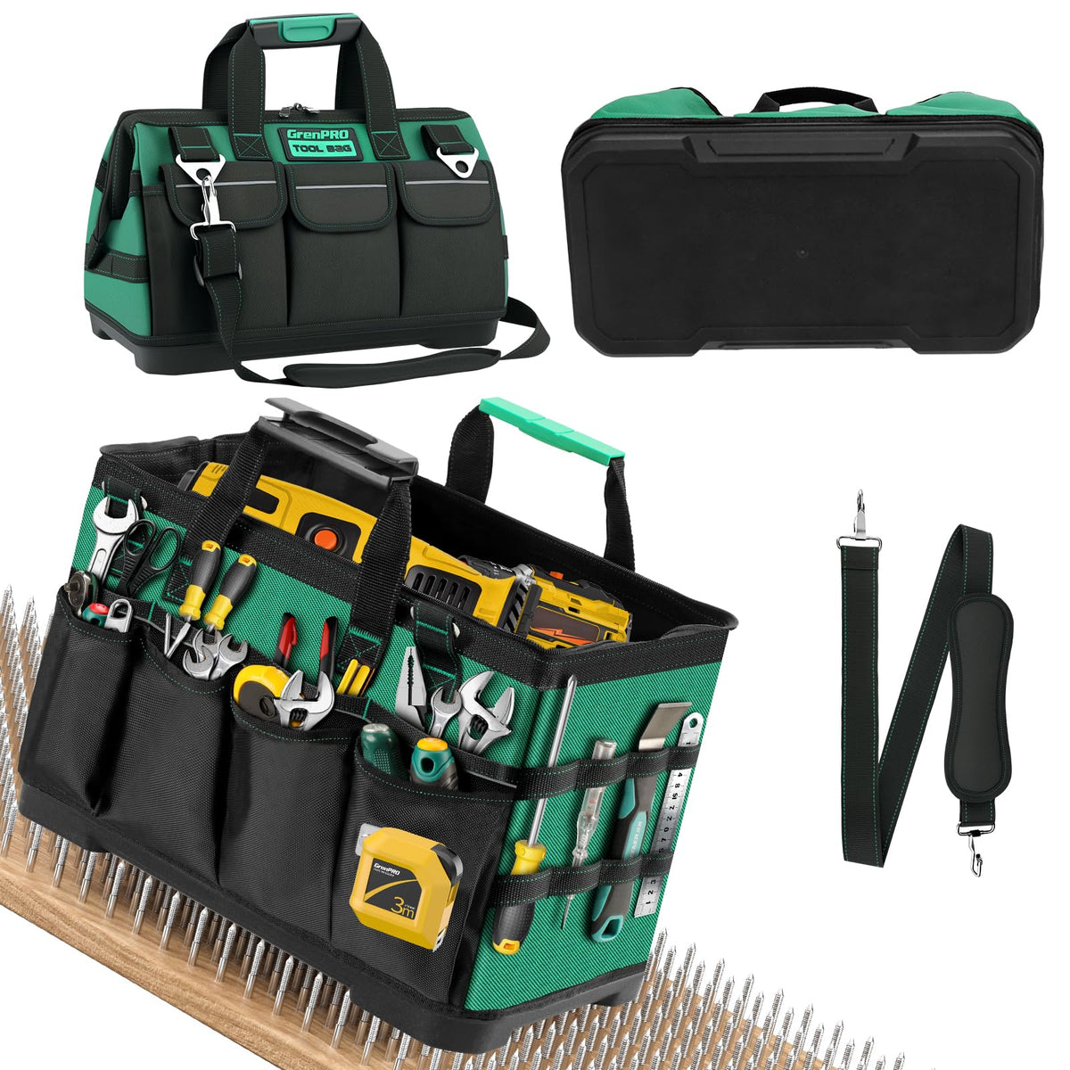 GRENPRO Tool Bag with molded bottom base improves stability on uneven floors.