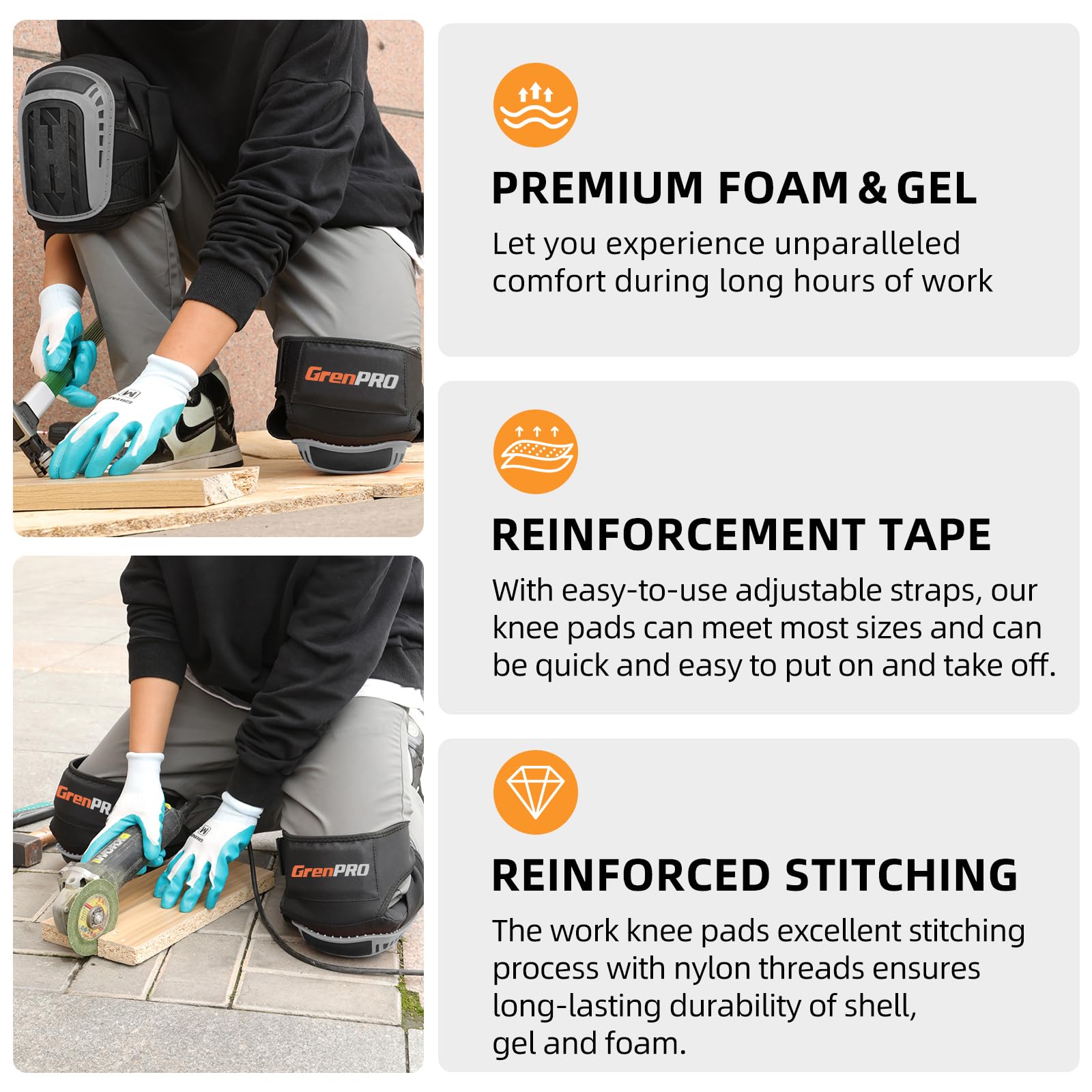 GRENPRO ergonomic work knee pad offers comfortable kneeling for extended tasks.