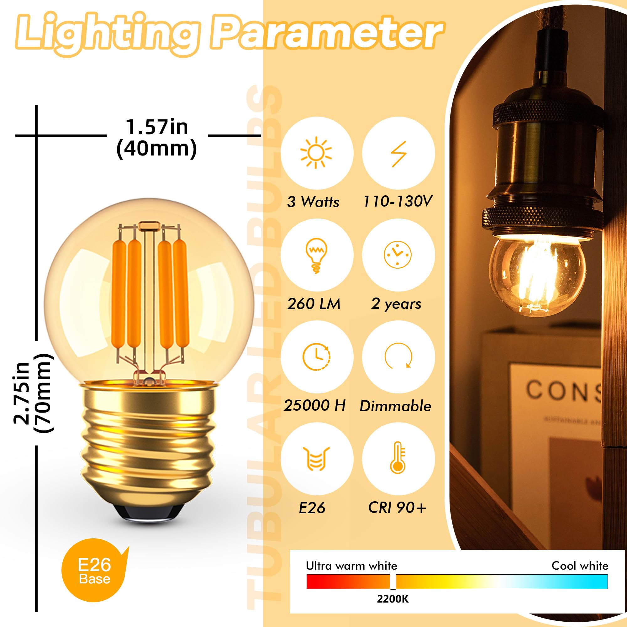 Grensk G40 3W amber bulb for refrigerator use with instant on