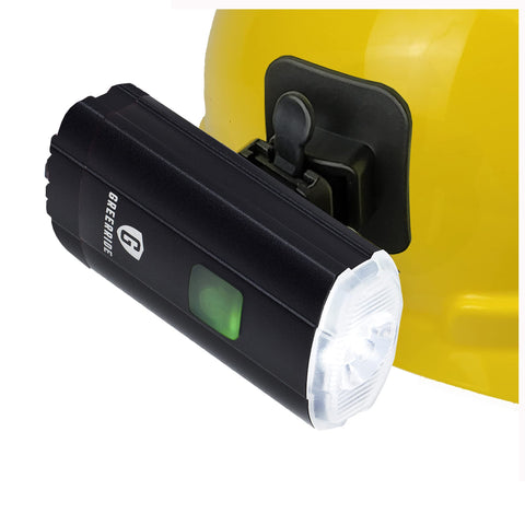GREERRIDE rechargeable hard-hat light front view for hands-free illumination.