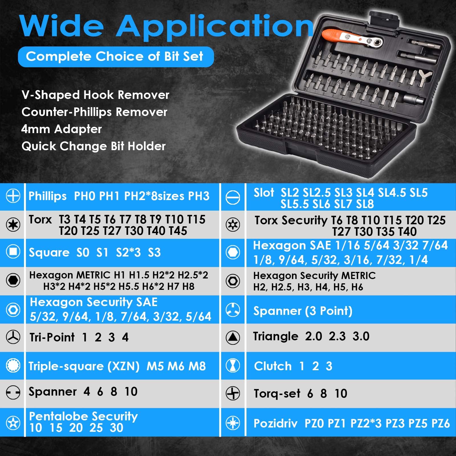 Wide bit range includes Philips, Slotted, Torx and Hex bits