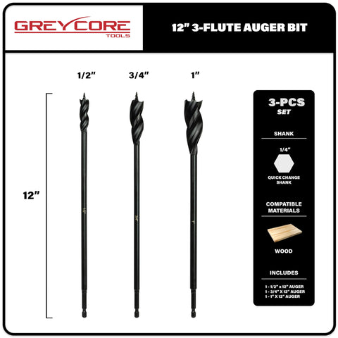 Greycore Tools 3-flute auger bit improves chip removal and drilling speed