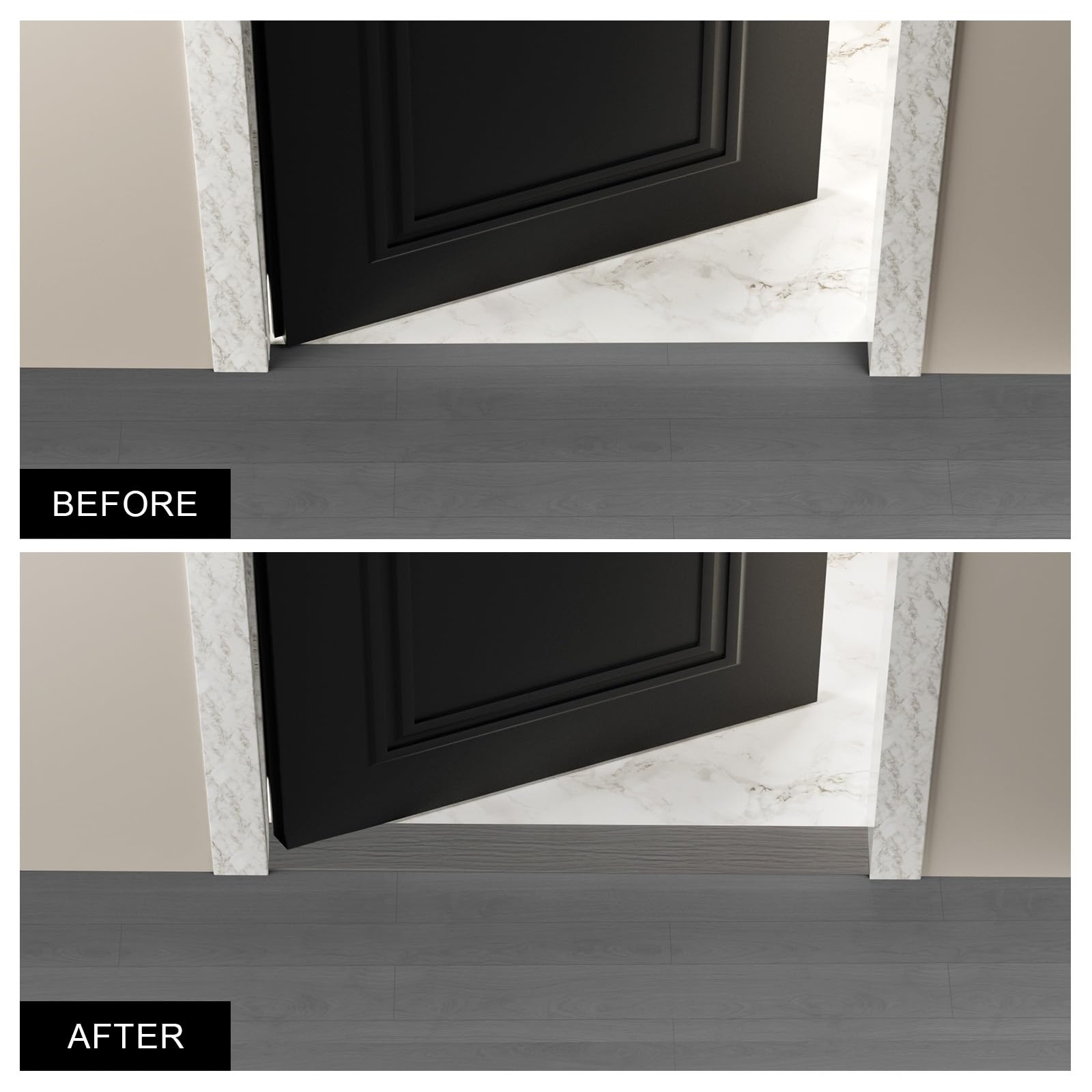 Greymond floor transition strip waterproof matte black for moisture prone rooms