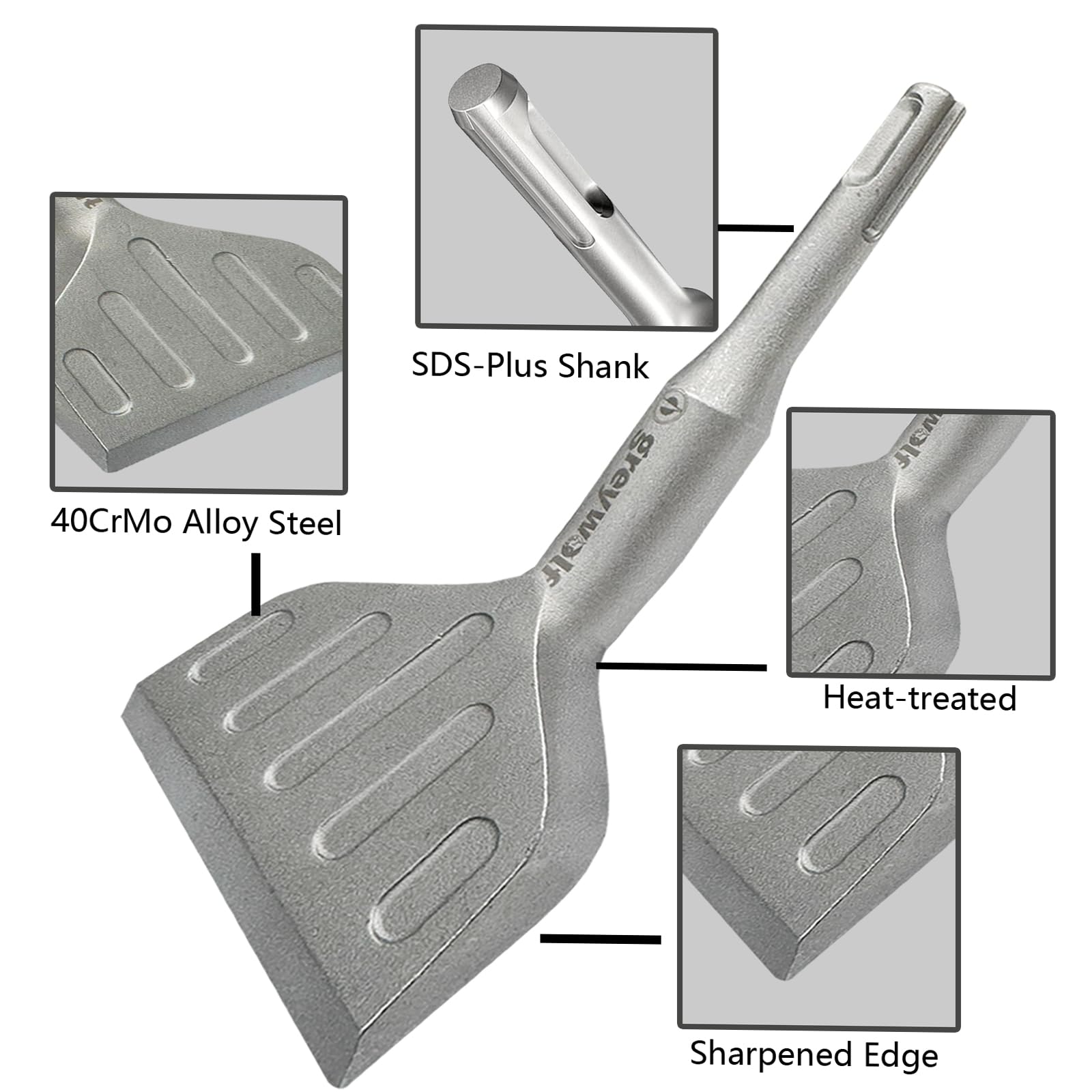 Greywolf ergonomic handle design supports comfortable operation during extended chiseling.