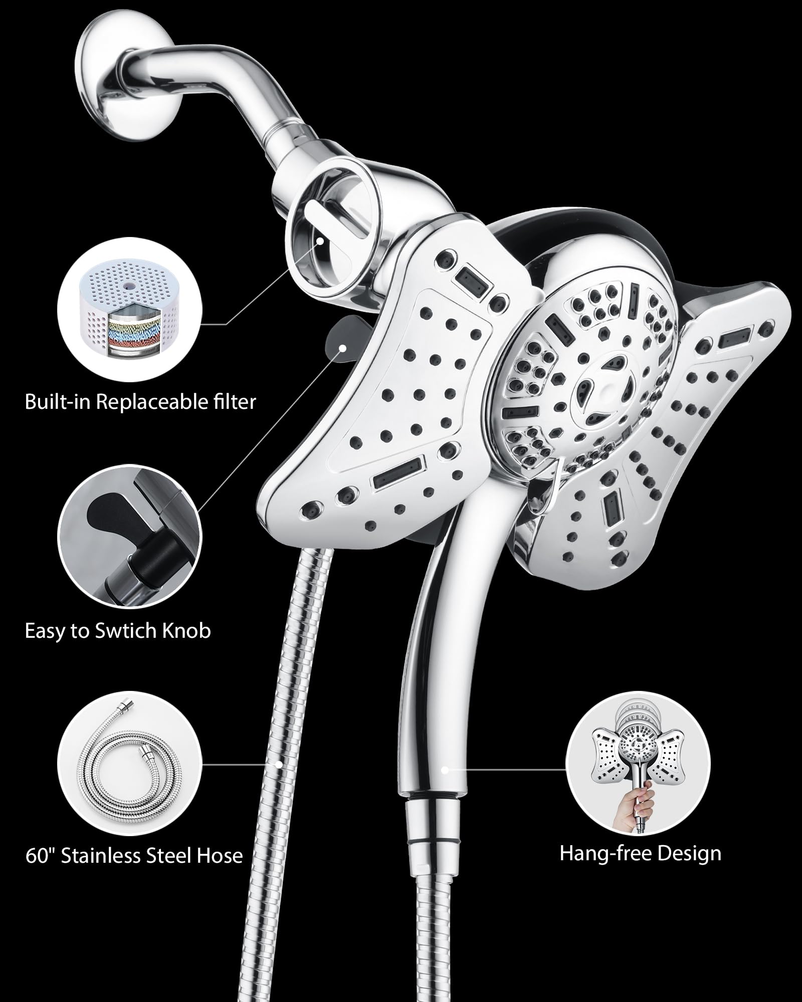 GRICH chrome-filter system with mineral beads softens water and enhances feel.