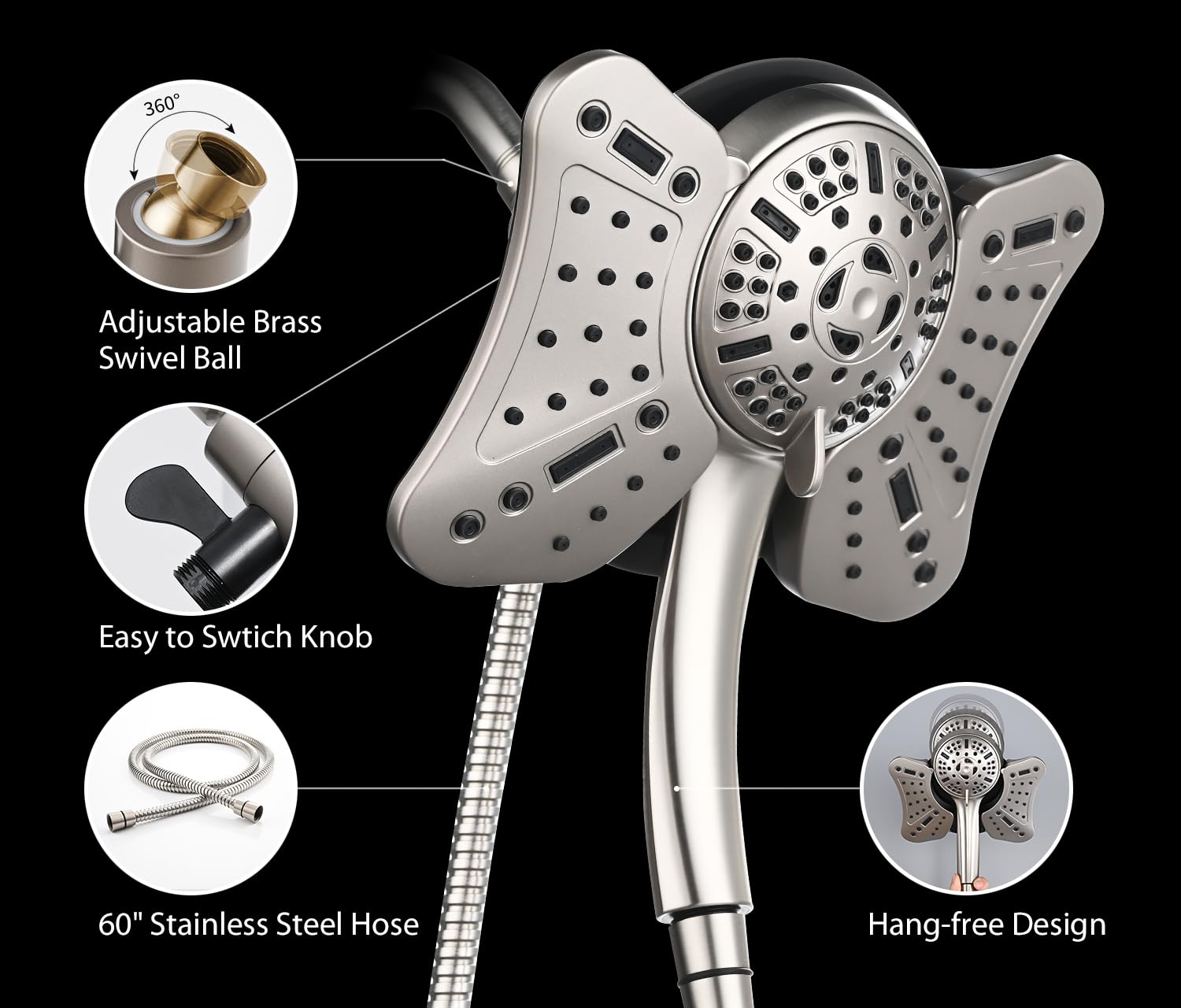 GRICH nickel finish shower with rust-resistant 60-inch hose