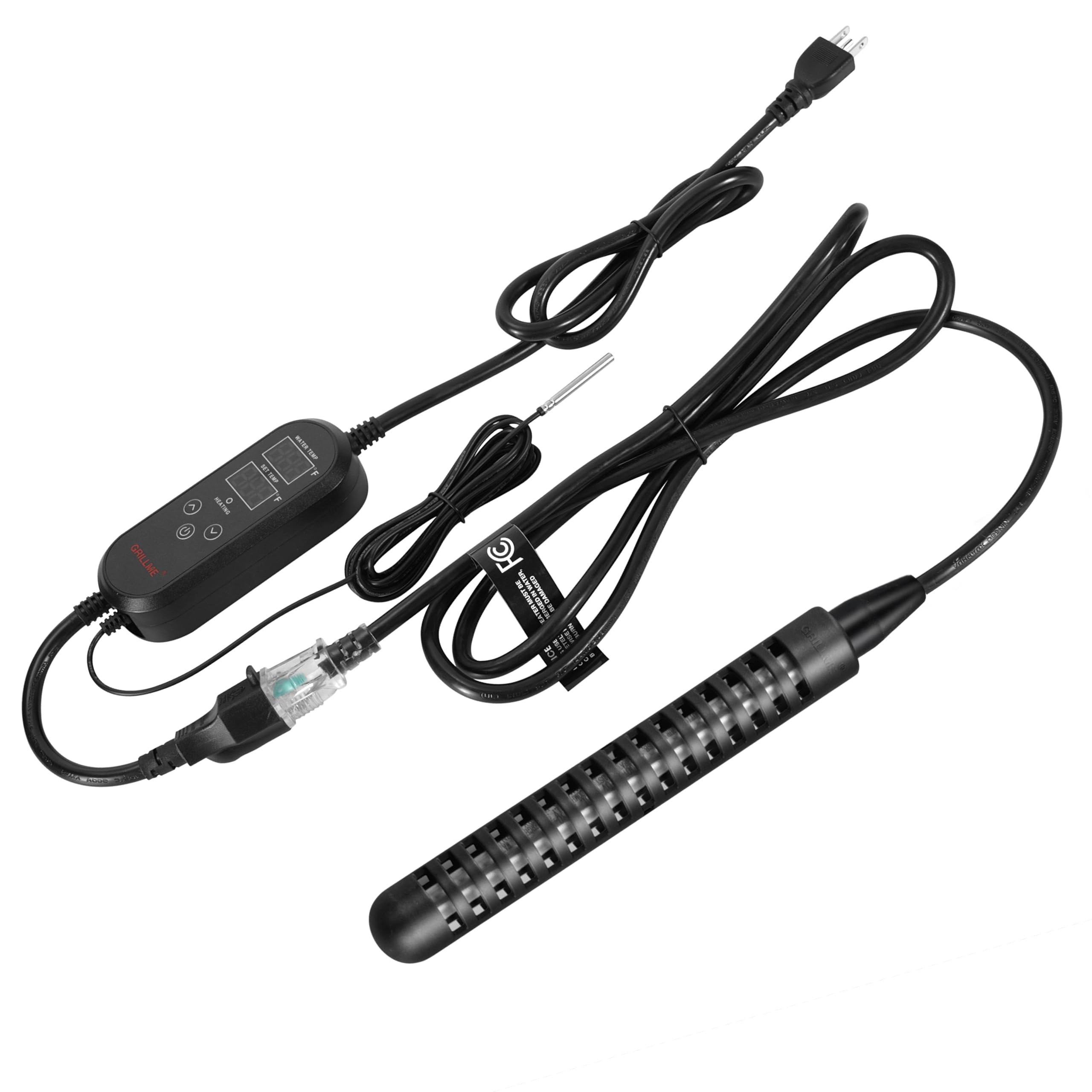 GRILLME immersion heater in water for quick 5-gallon bucket heating.