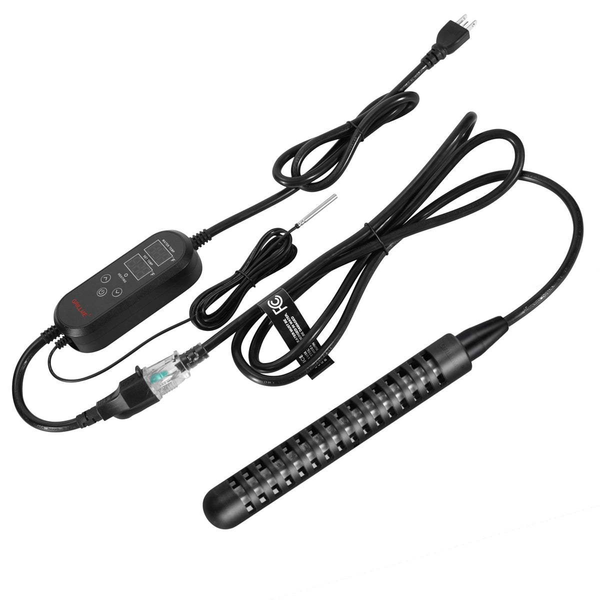 GRILLME immersion heater in water for quick 5-gallon bucket heating.