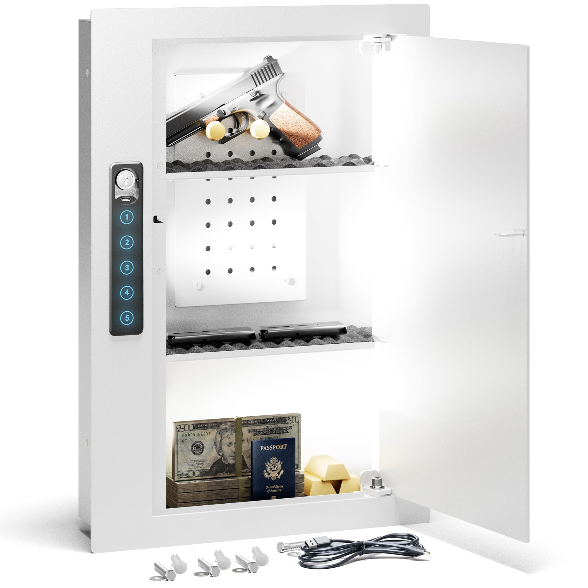 Grimtron Quick Access White Wall Safe with pegboard for organized storage