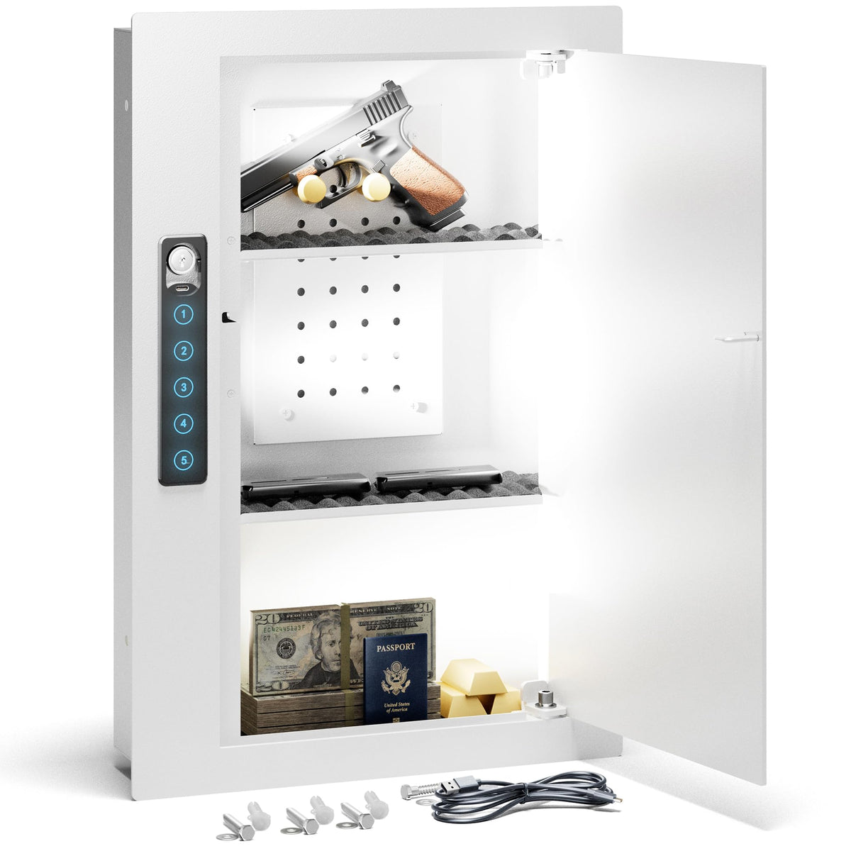 Grimtron Quick Access White Wall Safe with pegboard for organized storage
