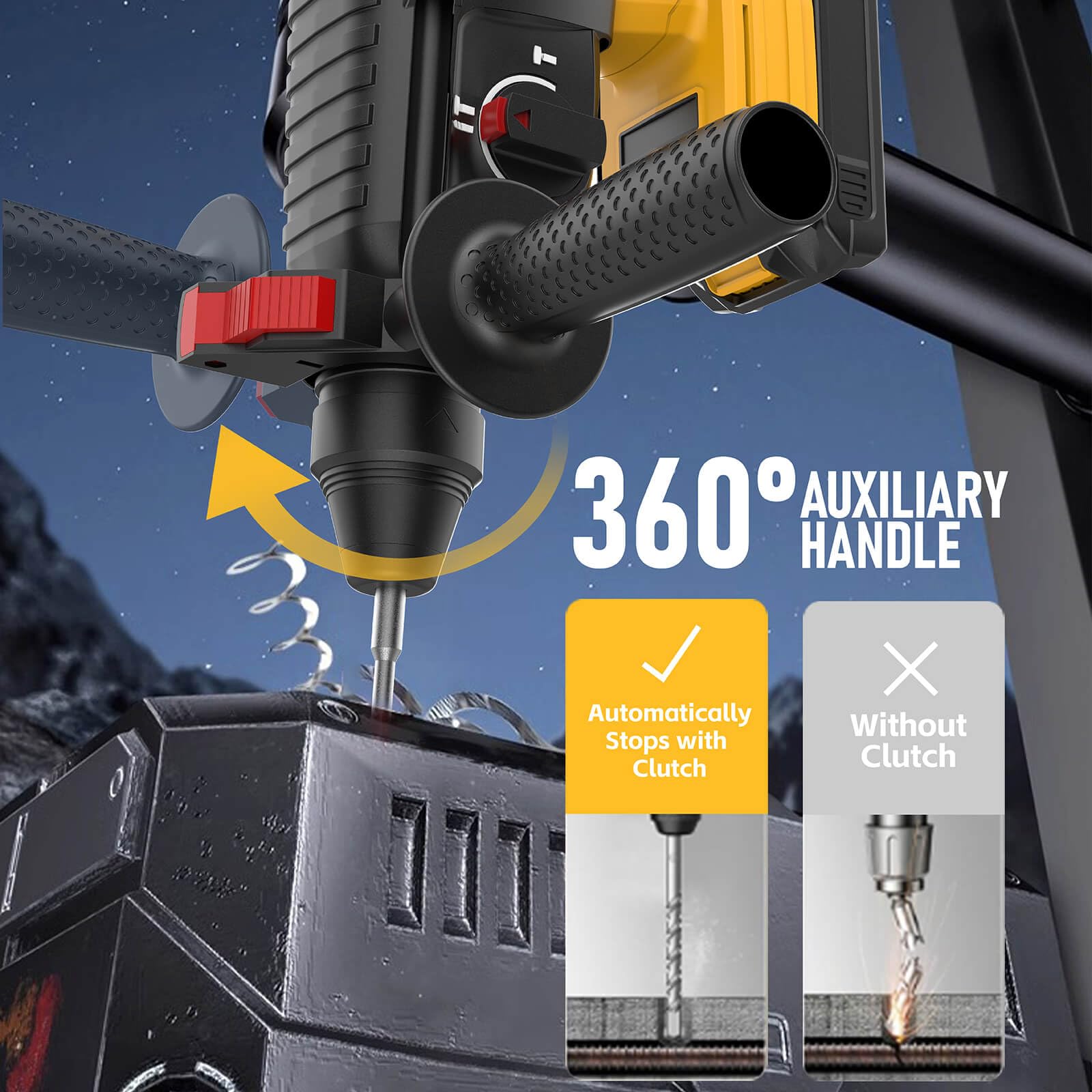 GRIONE SDS hammer in 4 modes: drill, hammer drill, chisel, adjust angle.