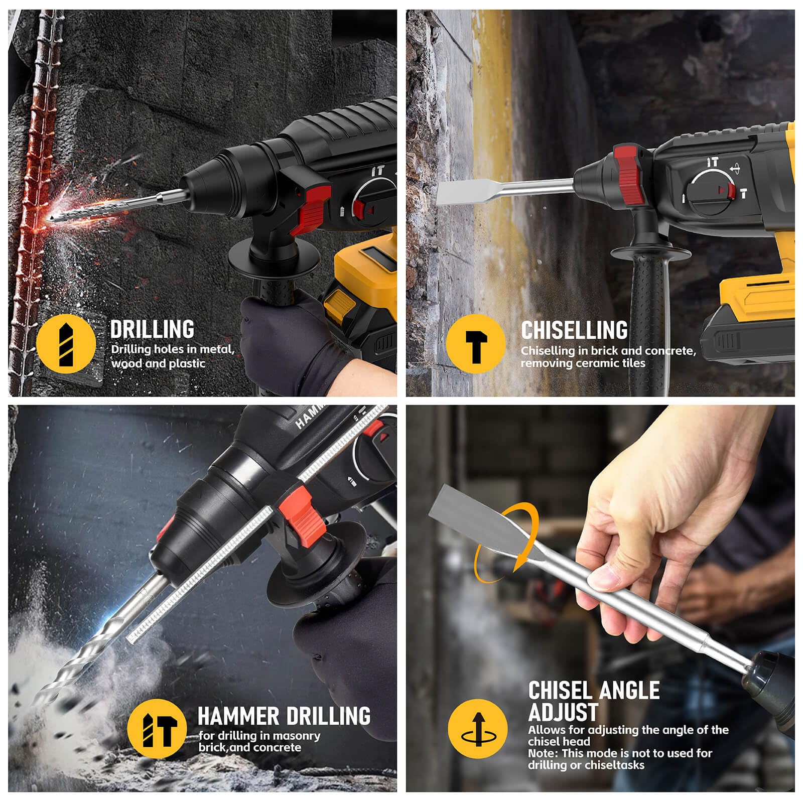 GRIONE SDS cordless hammer with battery compatibility highlights DEWALT 20V flexibility.
