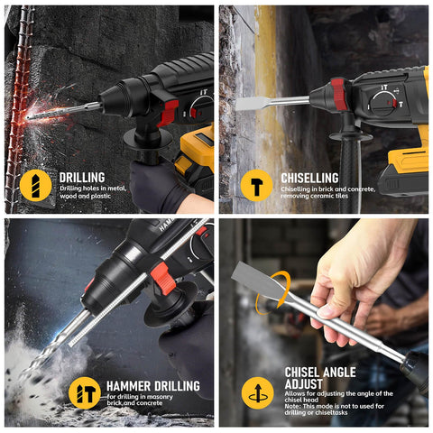 GRIONE SDS cordless hammer with battery compatibility highlights DEWALT 20V flexibility.