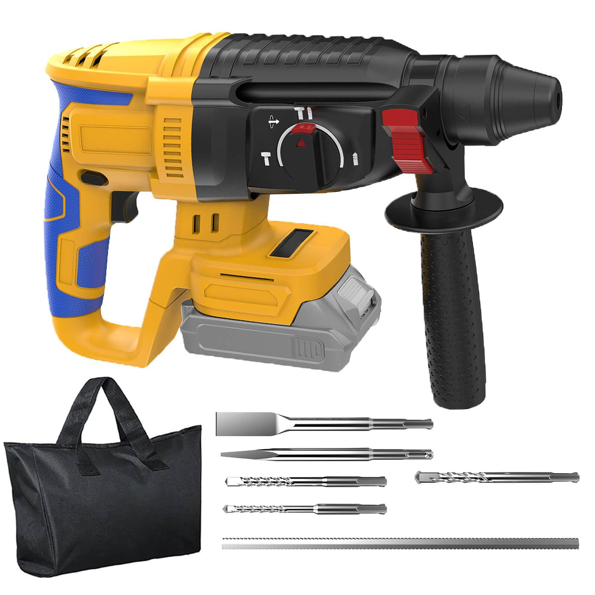 GRIONE SDS cordless hammer kit for masonry and wood drilling versatility.
