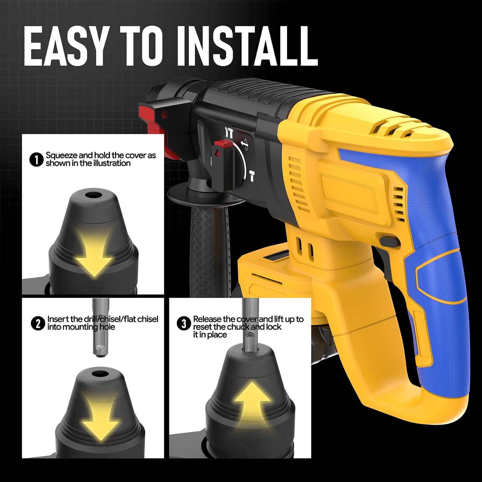 GRIONE anti-slip grip improves comfort during extended drilling sessions.