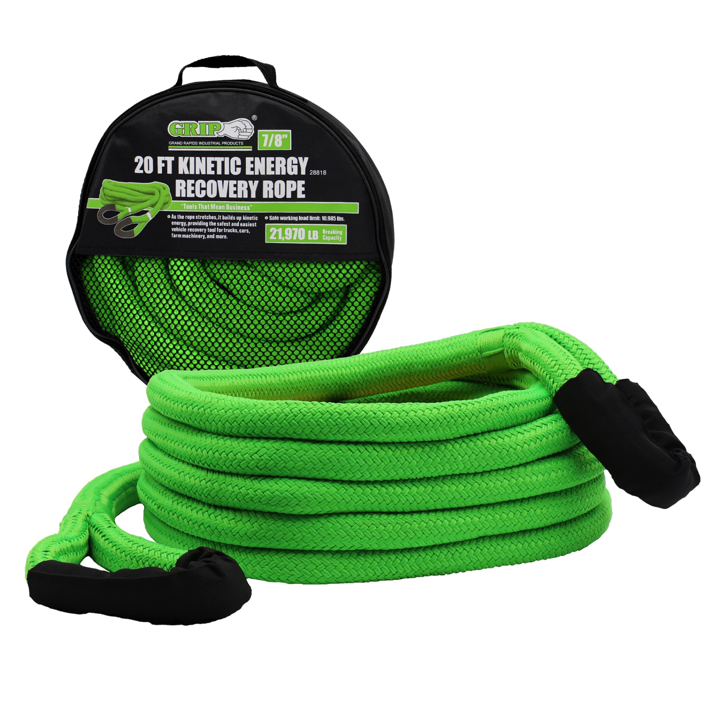 GRIP kinetic energy recovery rope 20ft stretched for safe vehicle recovery