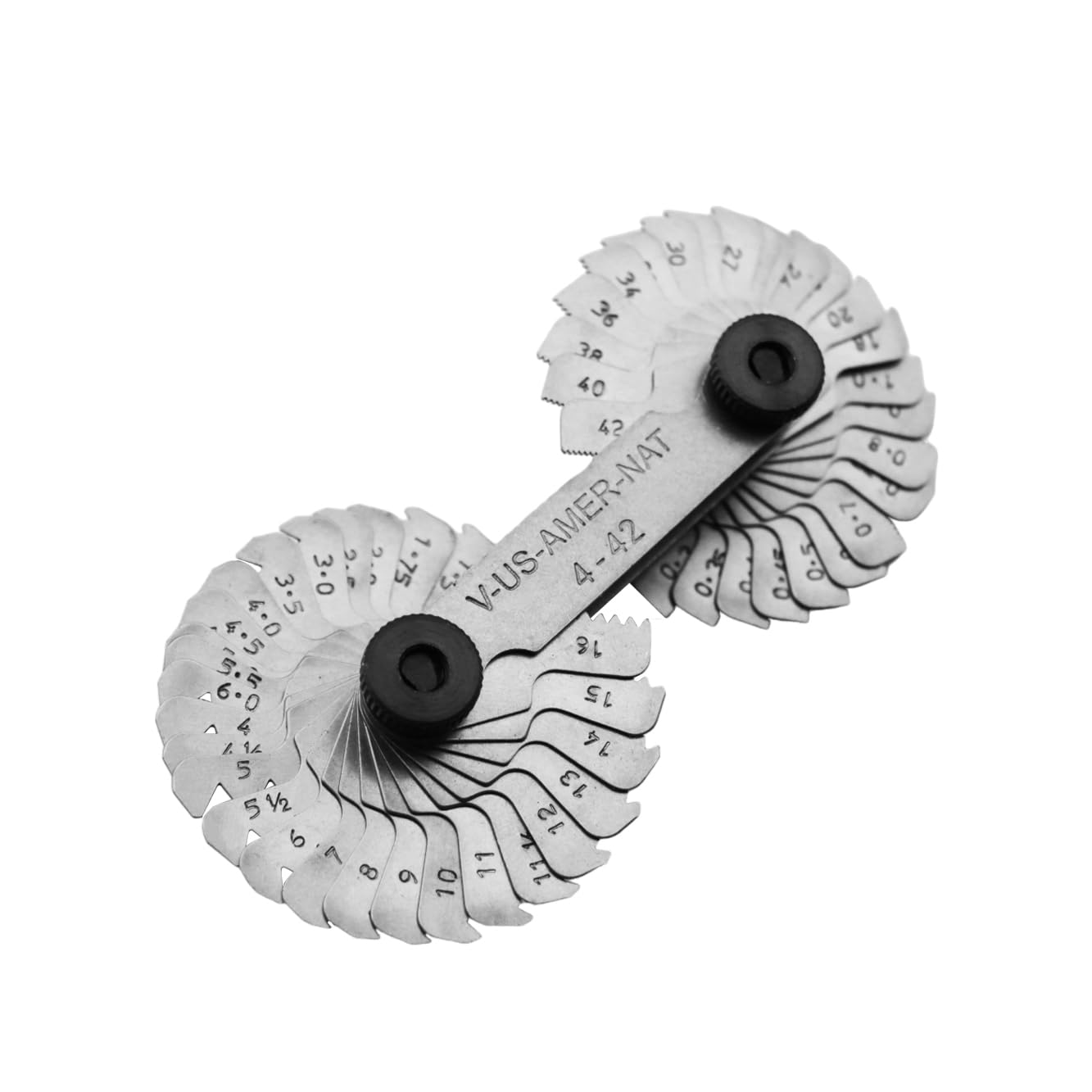 Grip thread pitch gauge front view with mm and SAE scales for quick sizing
