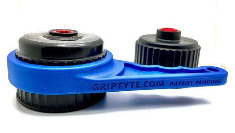Textured grip aids secure handling while tightening or loosening caps.