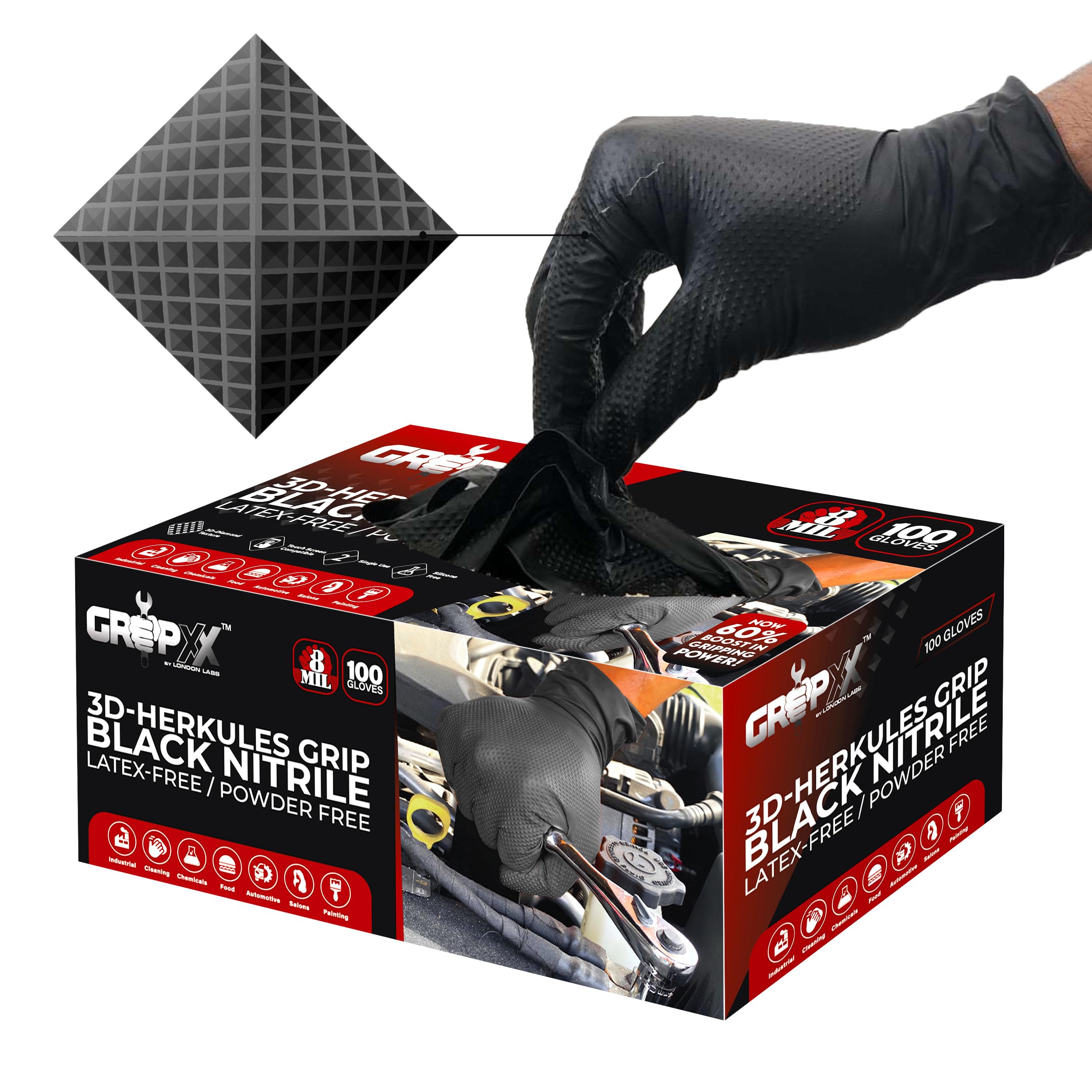 GRIPXX Herkules Grip 8mil gloves in box front for heavy-duty tasks