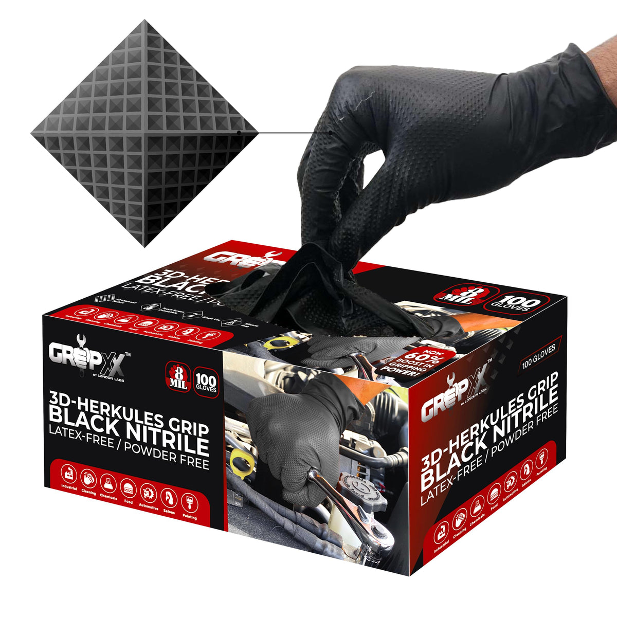 GRIPXX Herkules Grip 8mil gloves in box front for heavy-duty tasks