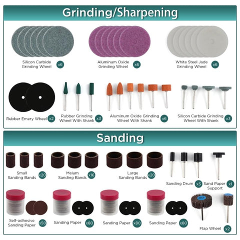 Gripzon 508pc kit contents display, a diverse accessory range for cutting, grinding, polishing, and engraving.