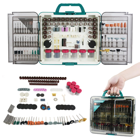 Gripzon 508pc rotary tool kit case open, organized storage for quick access during projects.