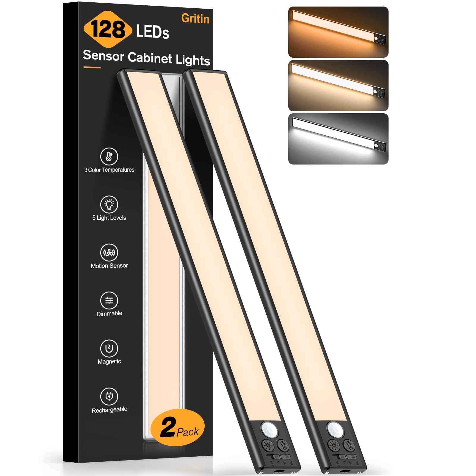 Gritin 14.7-inch under cabinet light with magnetic mount for easy installation.