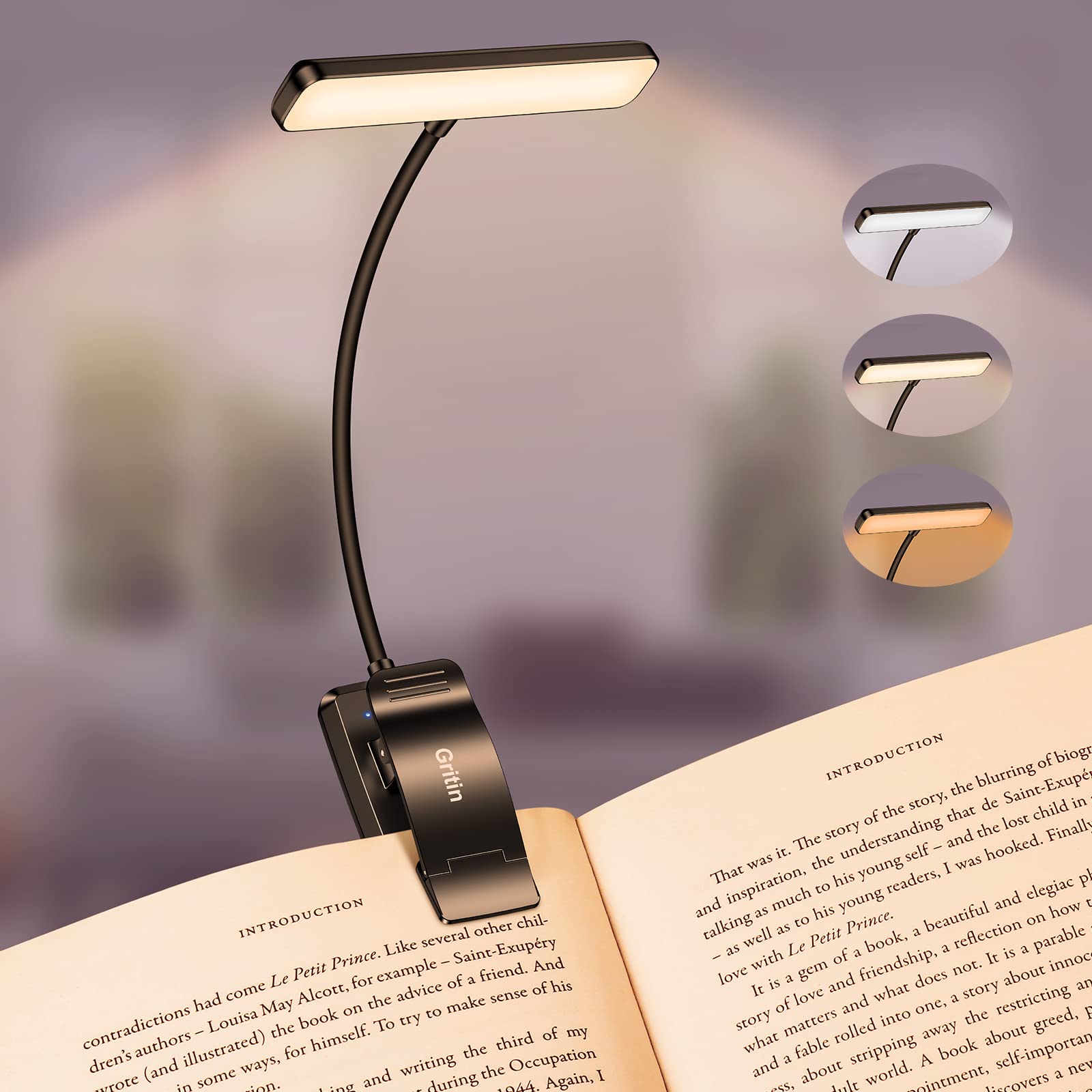 Gritin 19 LED book light with horizontal head for wide bedside illumination