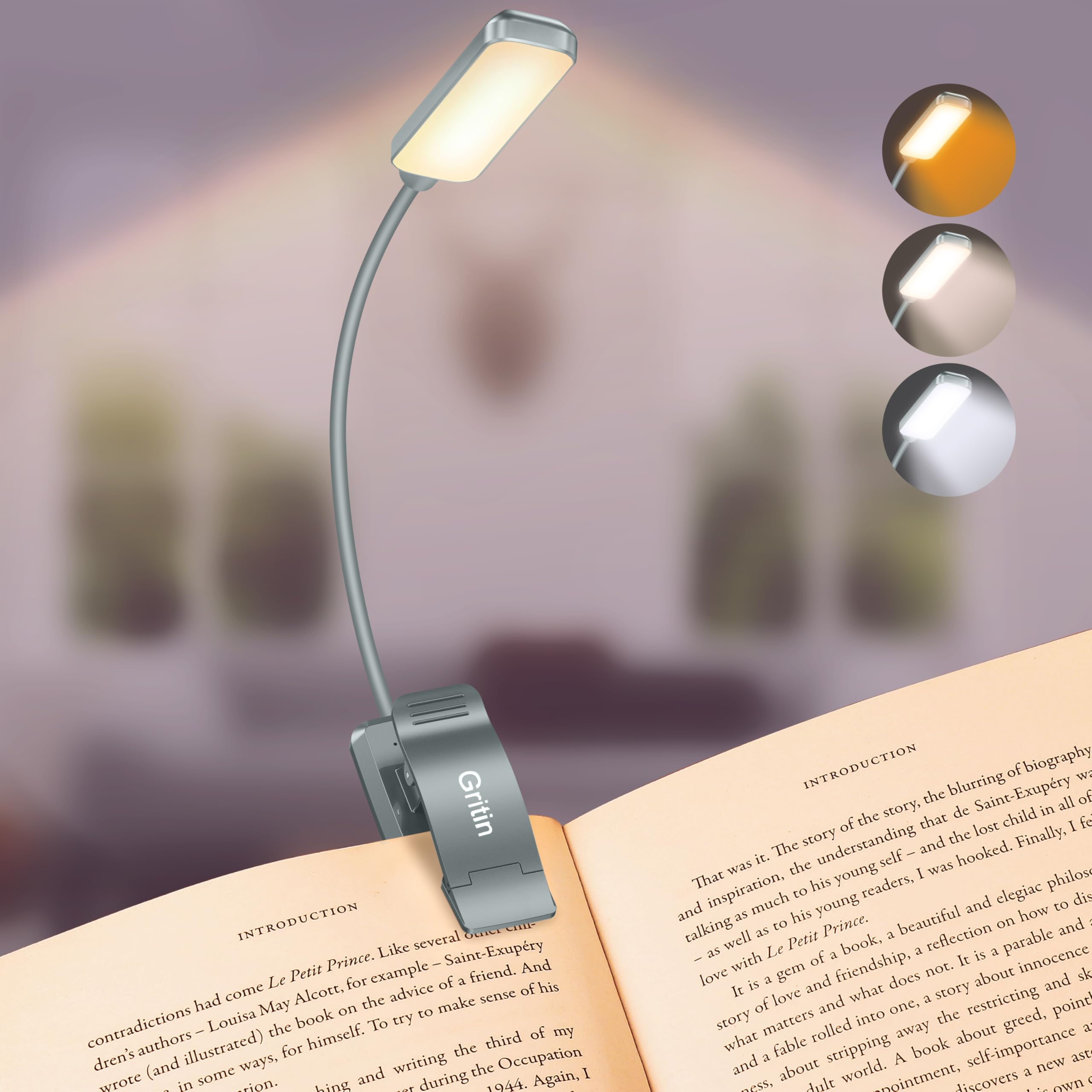 Gritin 9-led clip-on book light attached to page for easy nighttime reading